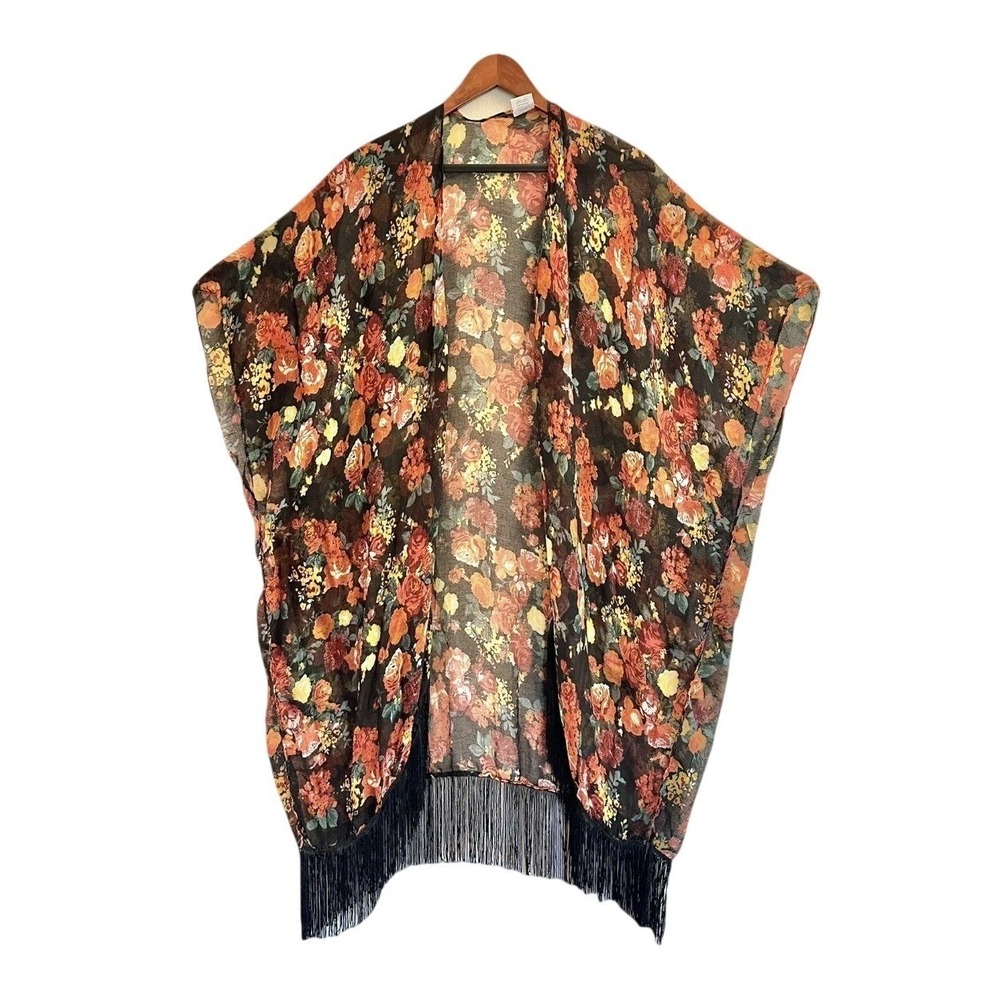 Womens‎ Sheer Floral Kimono Cardigan Black Orange Yellow Fringe Boho Duster